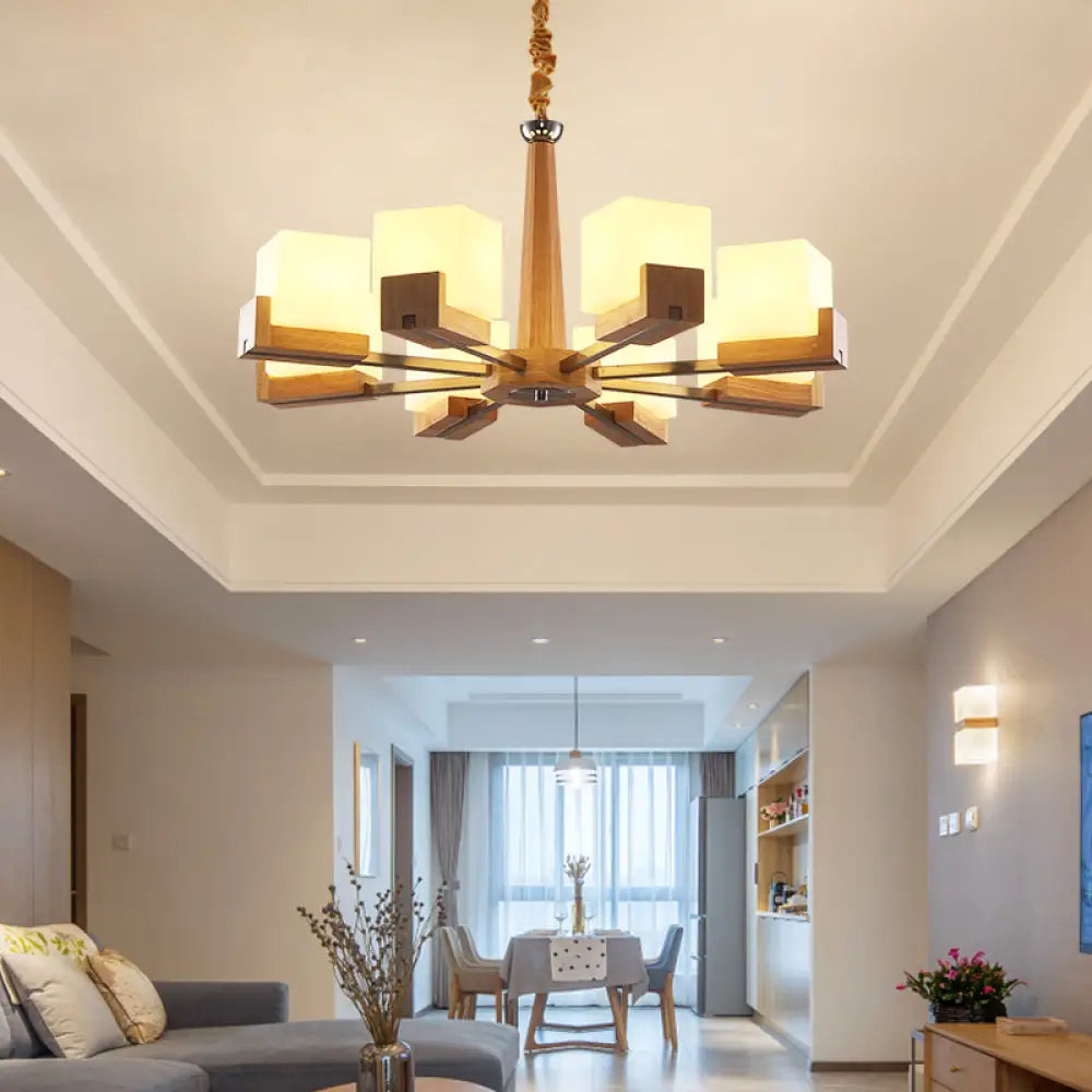 Frosted Glass Cube Chandelier With Modern Wood Ceiling Suspension - Ideal For Living Room 8 /