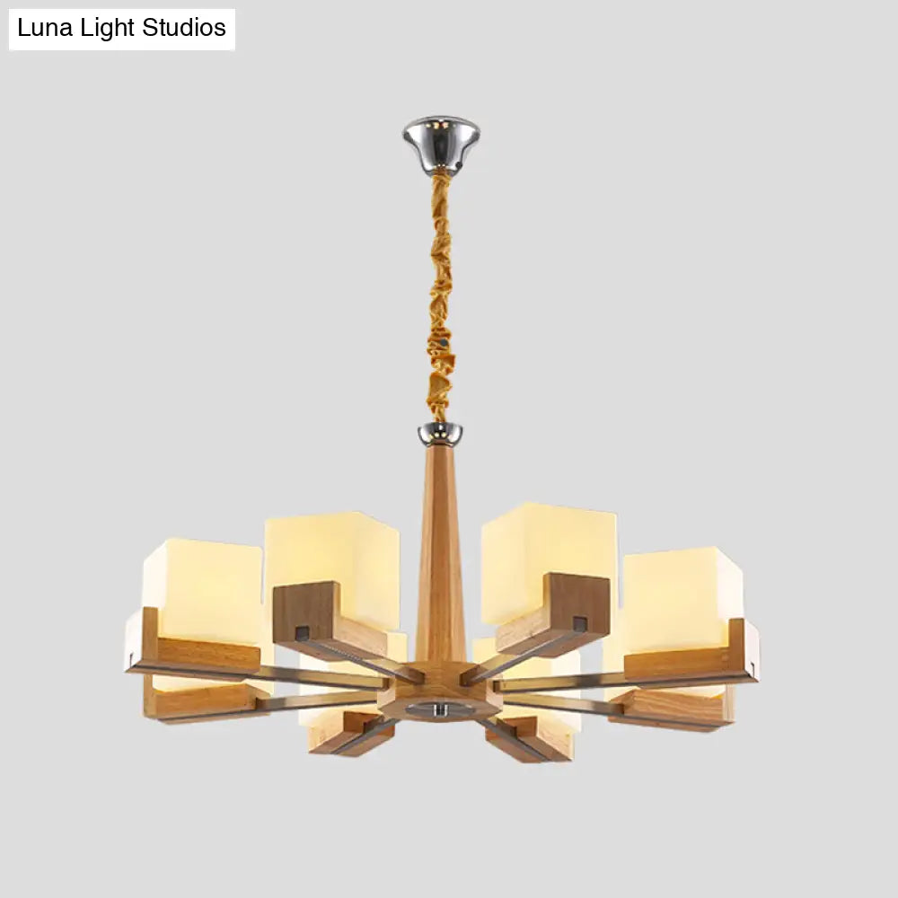 Modern Wood & Frosted Glass Cube Chandelier For Living Room Ceiling