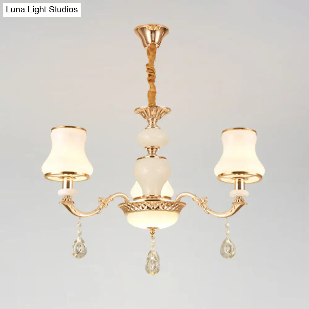 Minimal Hanging Chandelier With Frosted Glass Curve Crystal Accent In Gold 3 /