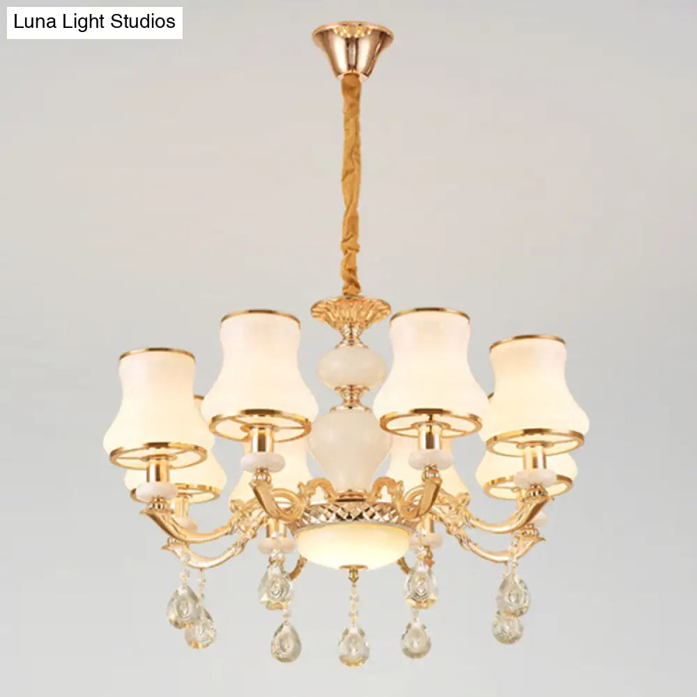 Minimal Hanging Chandelier With Frosted Glass Curve Crystal Accent In Gold