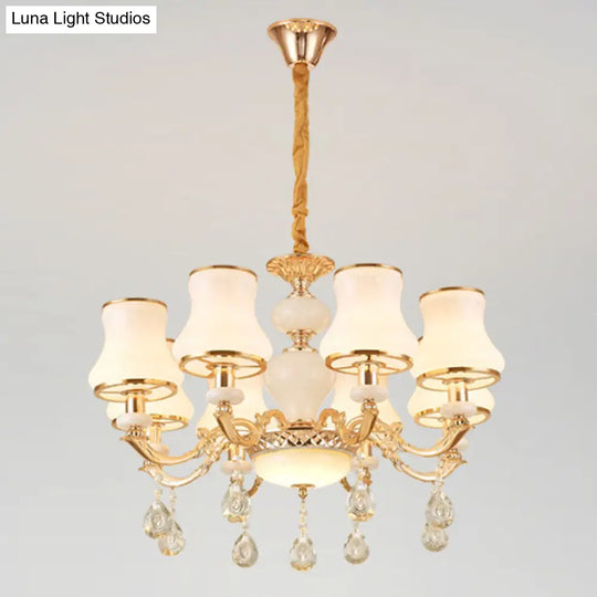 Minimal Hanging Chandelier With Frosted Glass Curve Crystal Accent In Gold