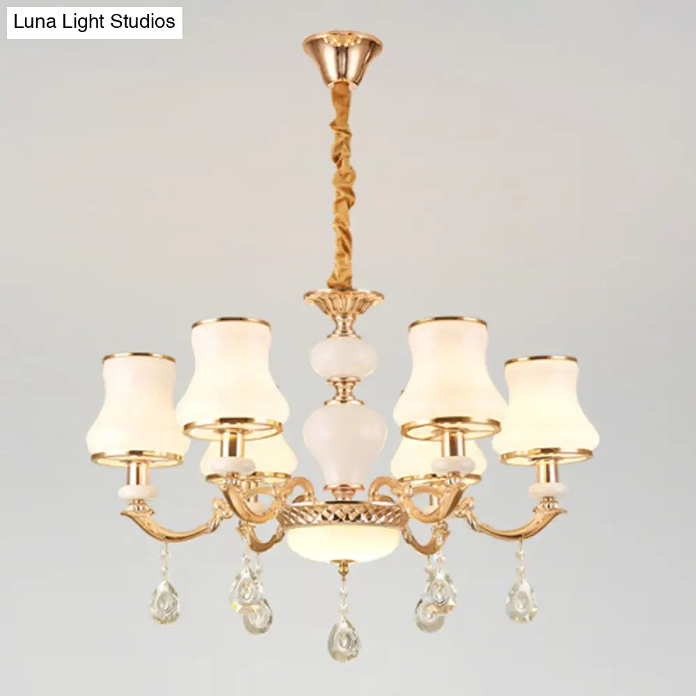 Frosted Glass Curve Chandelier With Crystal Accent In Gold - Minimal Ceiling Lighting