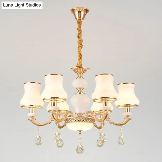 Frosted Glass Curve Chandelier With Crystal Accent In Gold - Minimal Ceiling Lighting