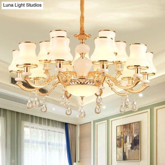 Frosted Glass Curve Chandelier With Crystal Accent In Gold - Minimal Ceiling Lighting