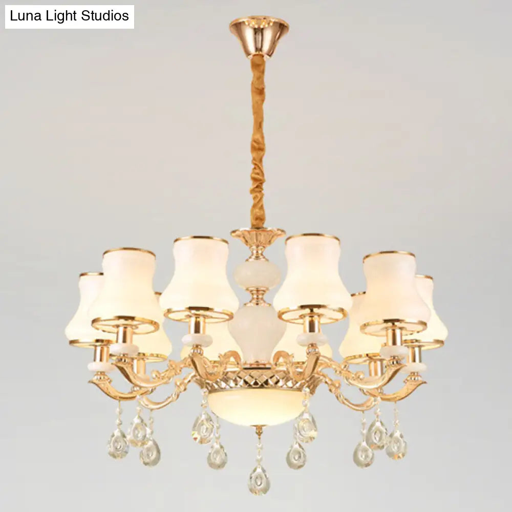 Minimal Hanging Chandelier With Frosted Glass Curve Crystal Accent In Gold