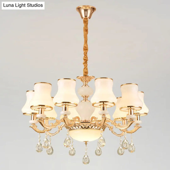 Minimal Hanging Chandelier With Frosted Glass Curve Crystal Accent In Gold