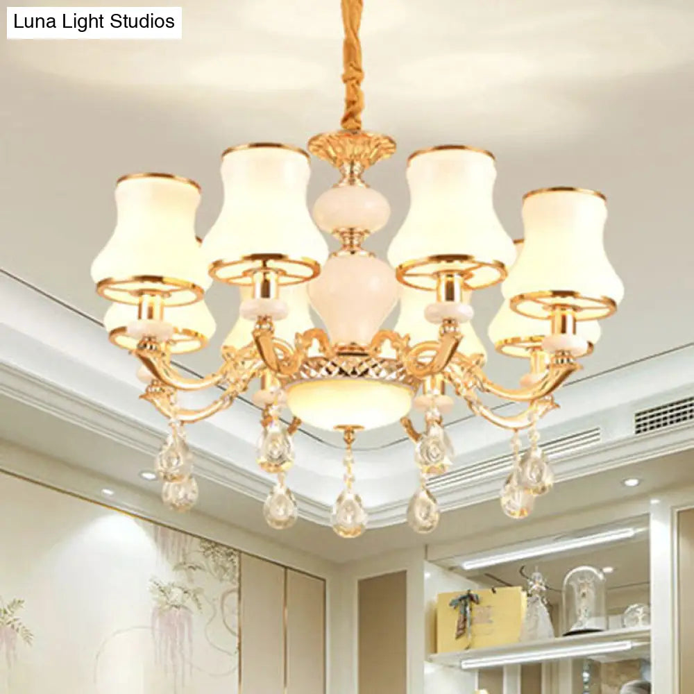 Minimal Hanging Chandelier With Frosted Glass Curve Crystal Accent In Gold 8 /