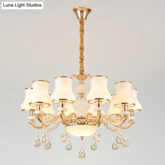 Frosted Glass Curve Chandelier With Crystal Accent In Gold - Minimal Ceiling Lighting