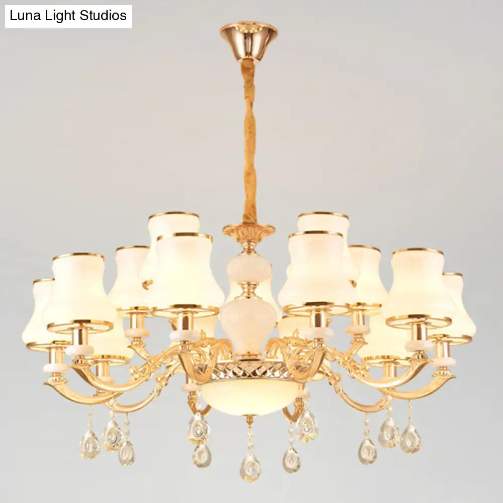 Minimal Hanging Chandelier With Frosted Glass Curve Crystal Accent In Gold 15 /