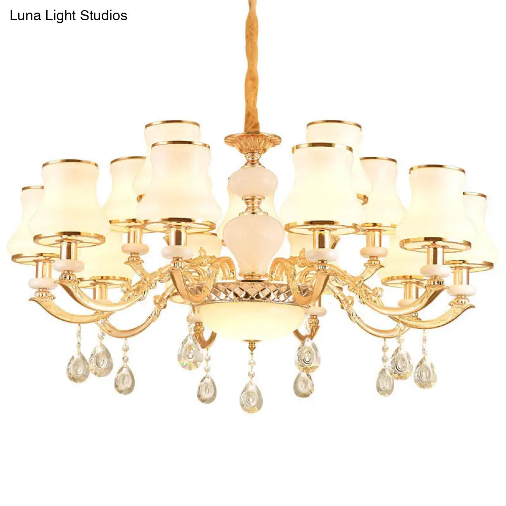 Frosted Glass Curve Chandelier With Crystal Accent In Gold - Minimal Ceiling Lighting