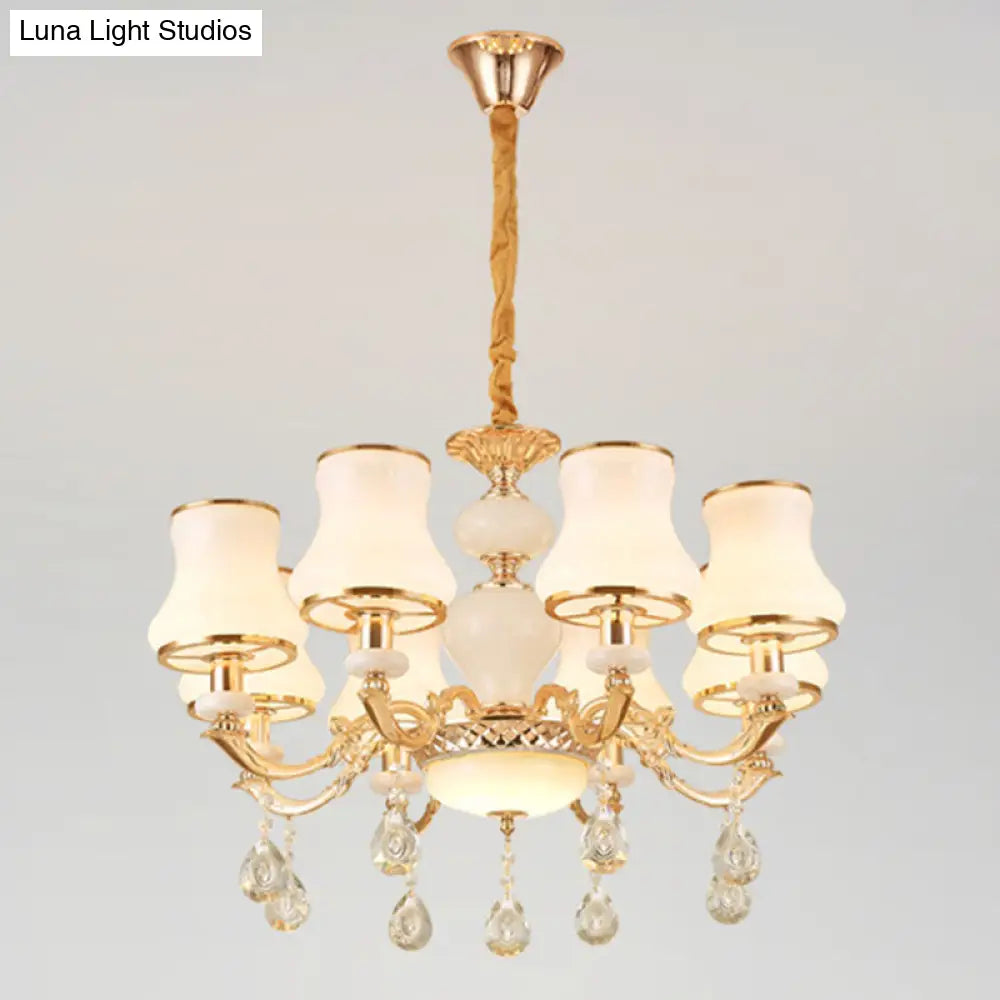 Frosted Glass Curve Chandelier With Crystal Accent In Gold - Minimal Ceiling Lighting