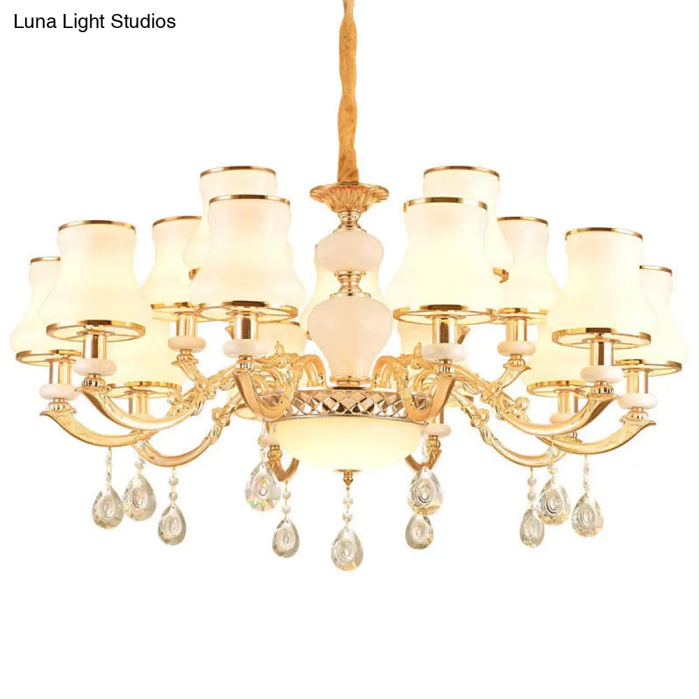 Minimal Hanging Chandelier With Frosted Glass Curve Crystal Accent In Gold