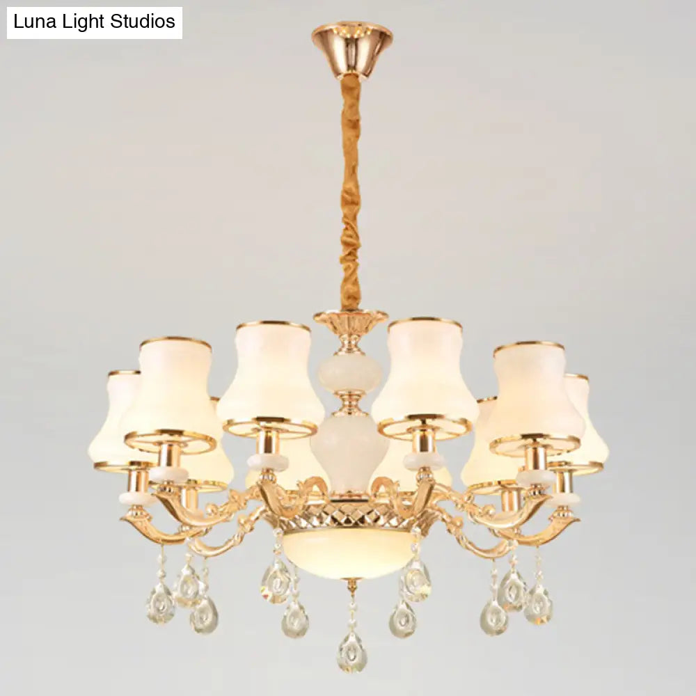 Frosted Glass Curve Chandelier With Crystal Accent In Gold - Minimal Ceiling Lighting