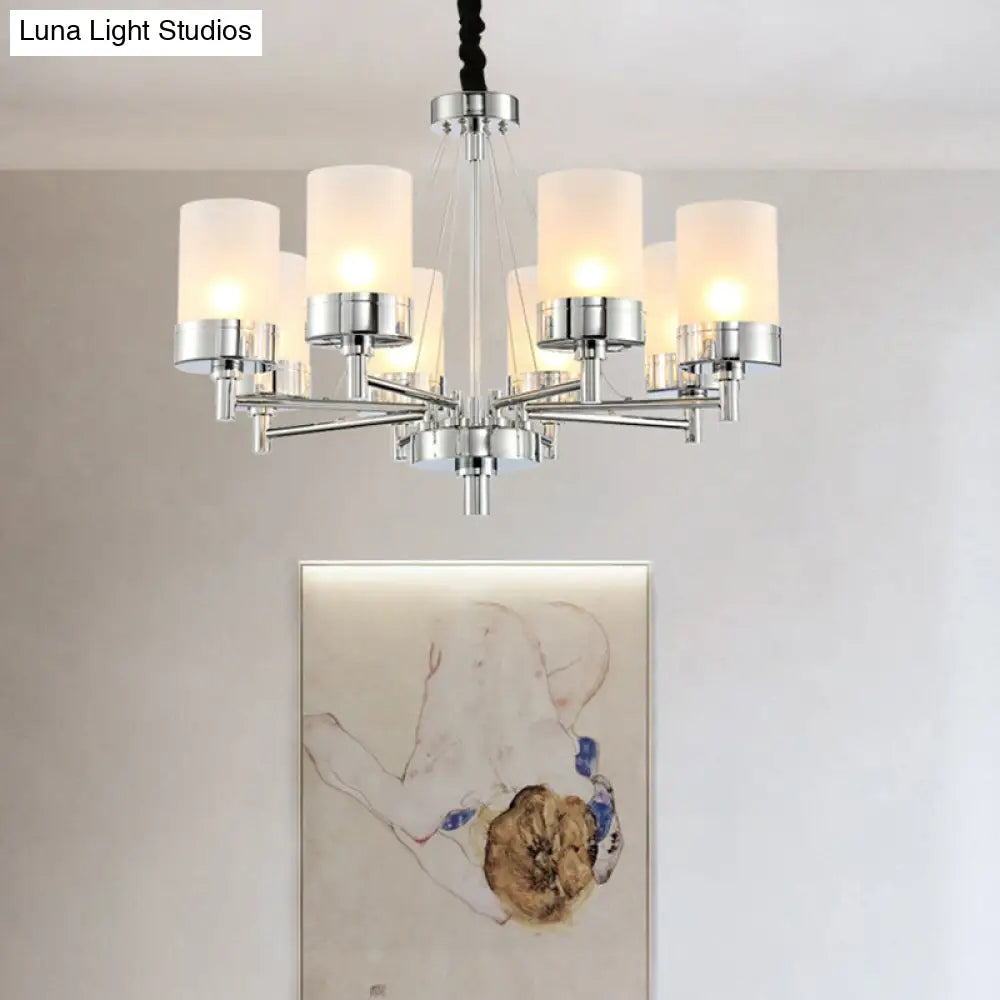 Modernist Frosted Glass Pendant Light Fixture - 8 Heads Cylinder Chandelier In Chrome Finish