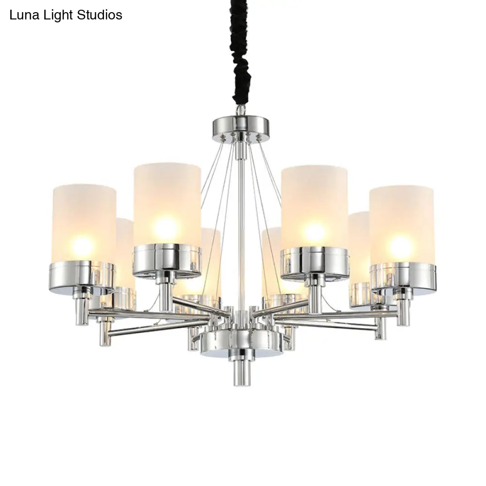 Frosted Glass Cylinder Chandelier - Modernist Pendant Light In Chrome With 8 Hanging Heads