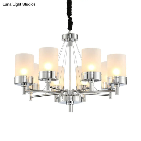 Frosted Glass Cylinder Chandelier - Modernist Pendant Light In Chrome With 8 Hanging Heads