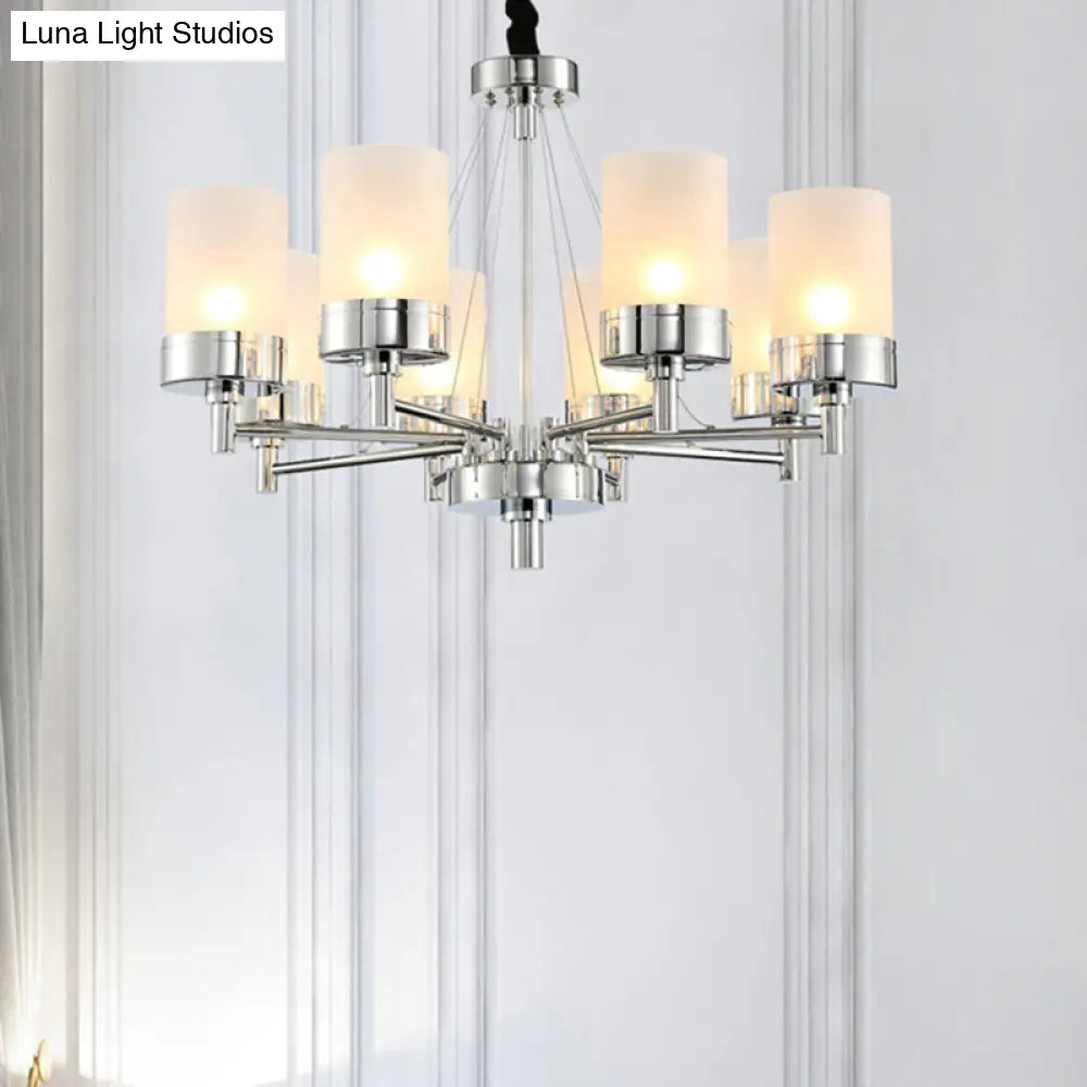 Modernist Frosted Glass Pendant Light Fixture - 8 Heads Cylinder Chandelier In Chrome Finish