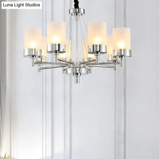 Modernist Frosted Glass Pendant Light Fixture - 8 Heads Cylinder Chandelier In Chrome Finish