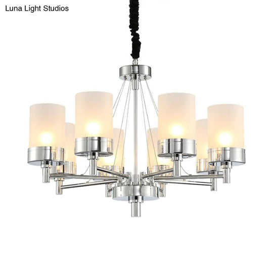 Modernist Frosted Glass Pendant Light Fixture - 8 Heads Cylinder Chandelier In Chrome Finish