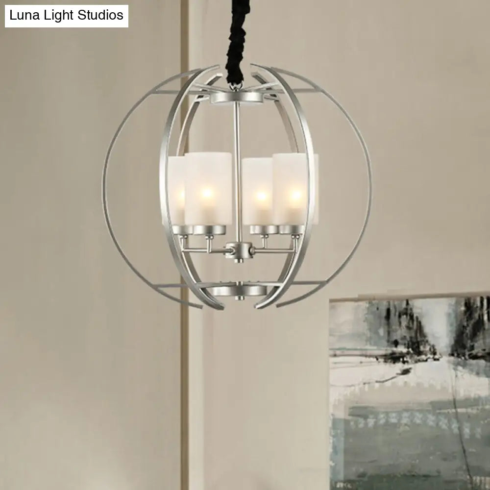 Contemporary Frosted Glass Cylinder Pendant Light With 4-Head White Up Chandelier And Sphere Frame