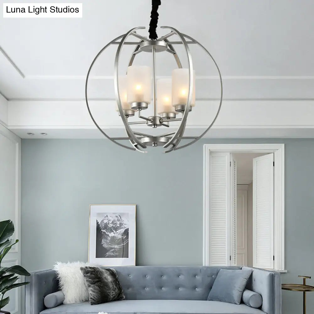 Contemporary Frosted Glass Cylinder Pendant Light With 4-Head White Up Chandelier And Sphere Frame