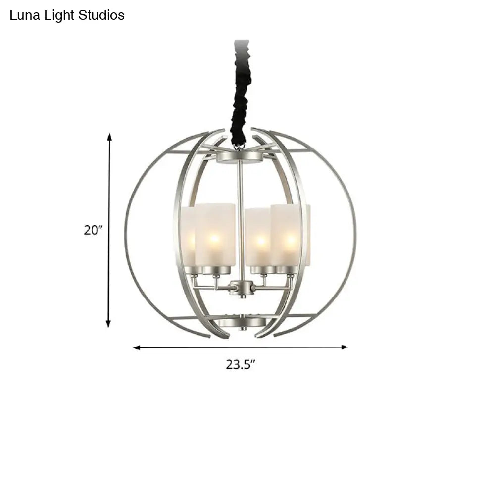 Contemporary Frosted Glass Cylinder Pendant Light With 4-Head White Up Chandelier And Sphere Frame