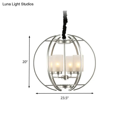 Contemporary Frosted Glass Cylinder Pendant Light With 4-Head White Up Chandelier And Sphere Frame