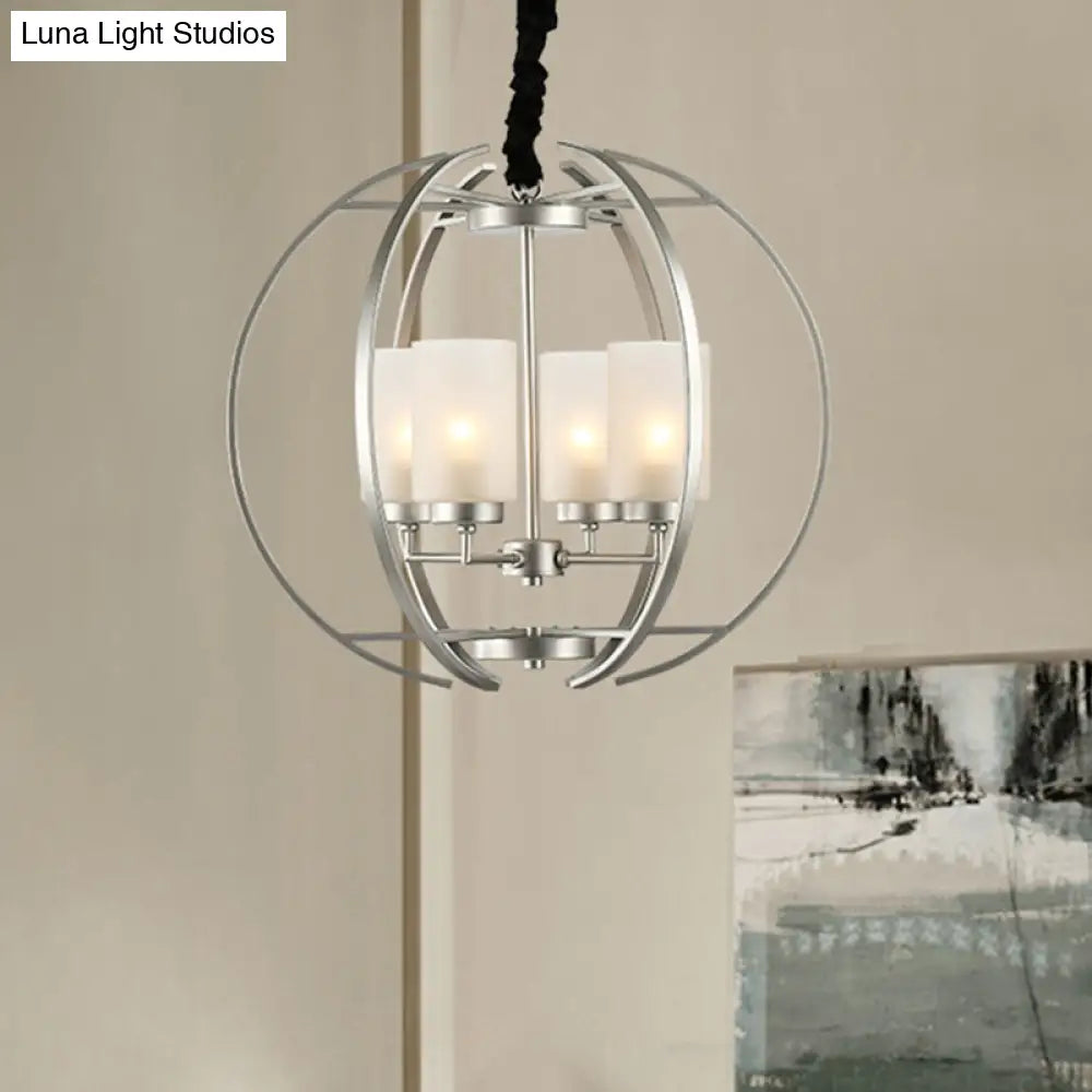 Frosted Glass Cylinder Pendant Light - Contemporary 4-Head White Chandelier With Sphere Frame