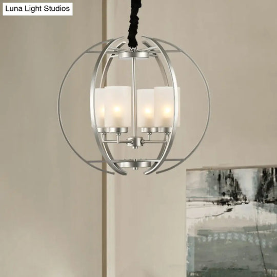 Frosted Glass Cylinder Pendant Light - Contemporary 4-Head White Chandelier With Sphere Frame