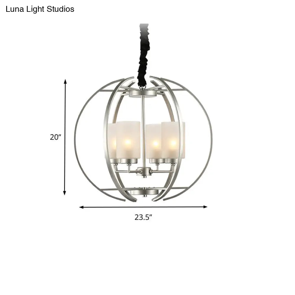 Frosted Glass Cylinder Pendant Light - Contemporary 4-Head White Chandelier With Sphere Frame