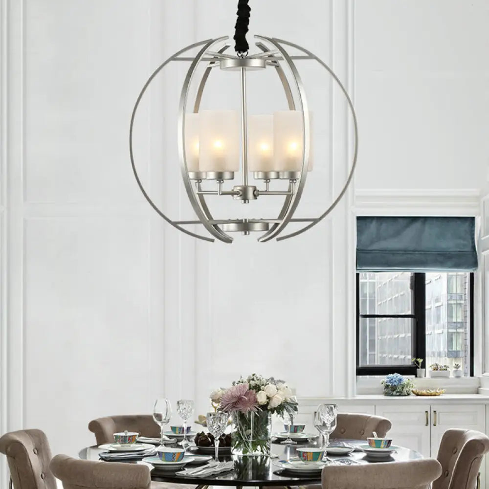 Frosted Glass Cylinder Pendant Light - Contemporary 4-Head White Chandelier With Sphere Frame Chrome