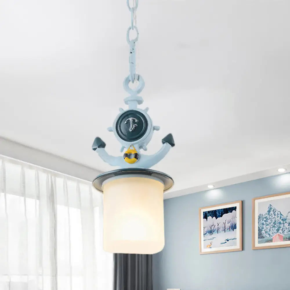 Frosted Glass Cylinder Pendant Light- Kids 1-Head Blue Suspension Lamp With Anchor Design- Living