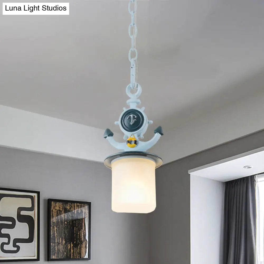 Frosted Glass Cylinder Pendant Light- Kids 1-Head Blue Suspension Lamp With Anchor Design- Living