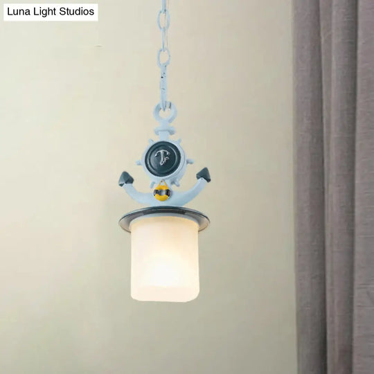 Frosted Glass Cylinder Pendant Light- Kids 1-Head Blue Suspension Lamp With Anchor Design- Living