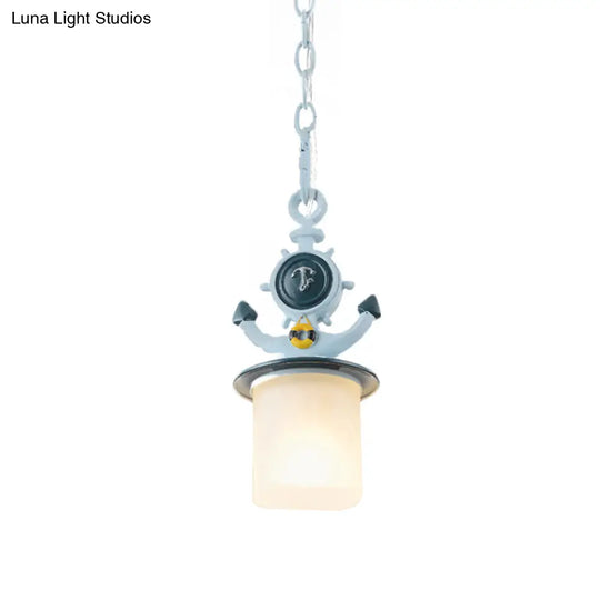 Frosted Glass Cylinder Pendant Light- Kids 1-Head Blue Suspension Lamp With Anchor Design- Living