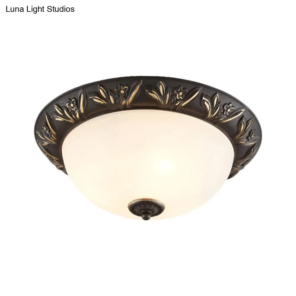 Frosted Glass Dome Flush Ceiling Lamp With Flower Edge Design In Brass/Black And Gold - Available