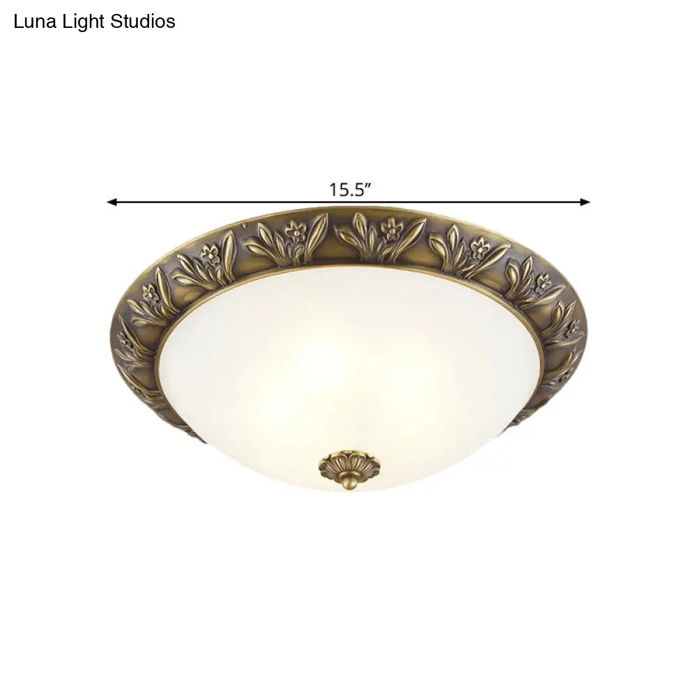 Frosted Glass Dome Flush Ceiling Lamp With Flower Edge Design In Brass/Black And Gold - Available