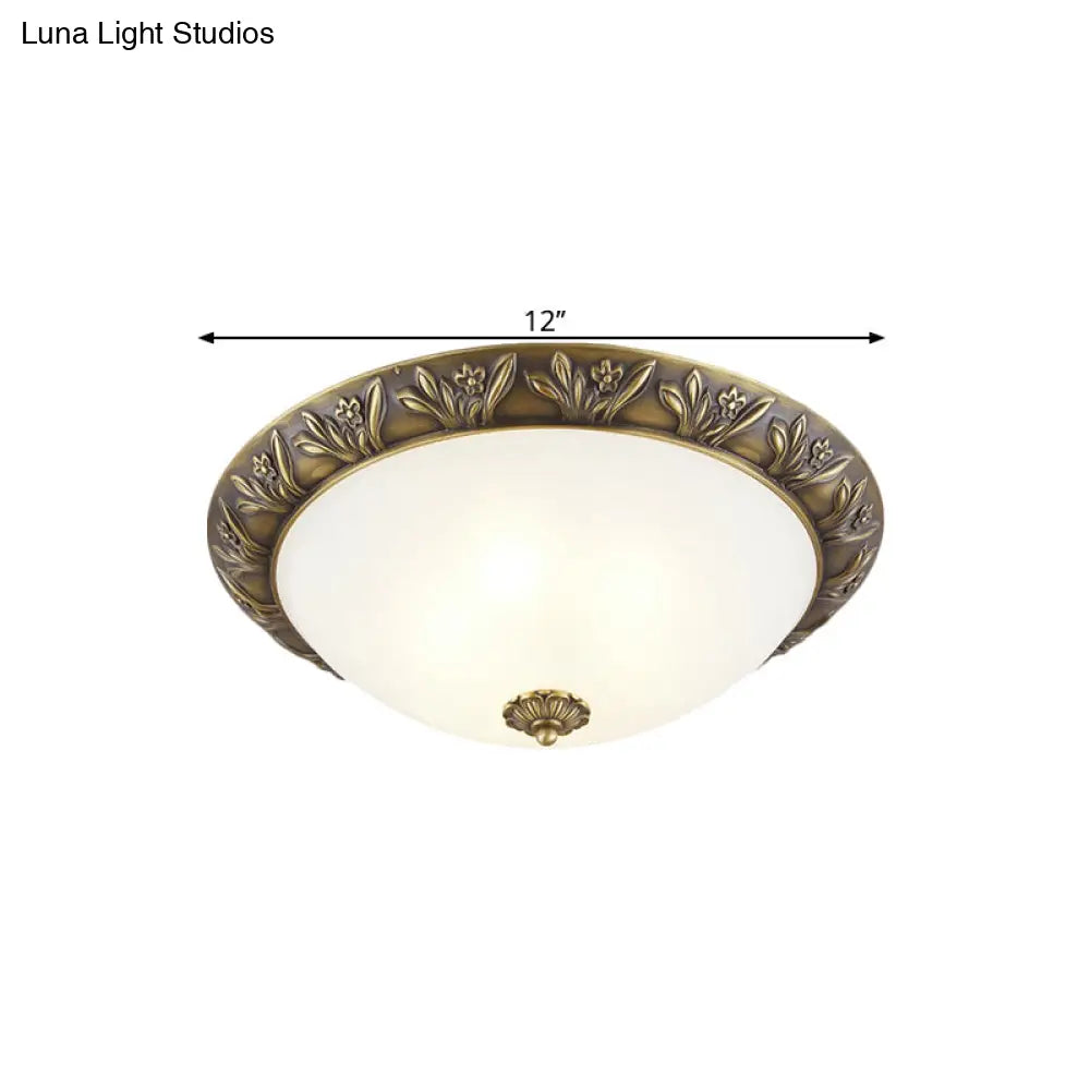 Frosted Glass Dome Flush Ceiling Lamp With Flower Edge Design In Brass/Black And Gold - Available
