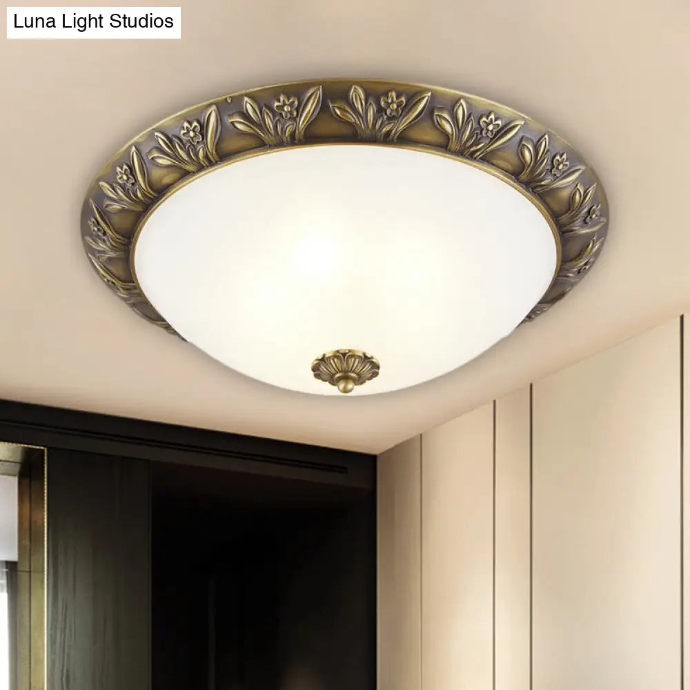 Frosted Glass Dome Flush Ceiling Lamp With Flower Edge Design In Brass/Black And Gold - Available