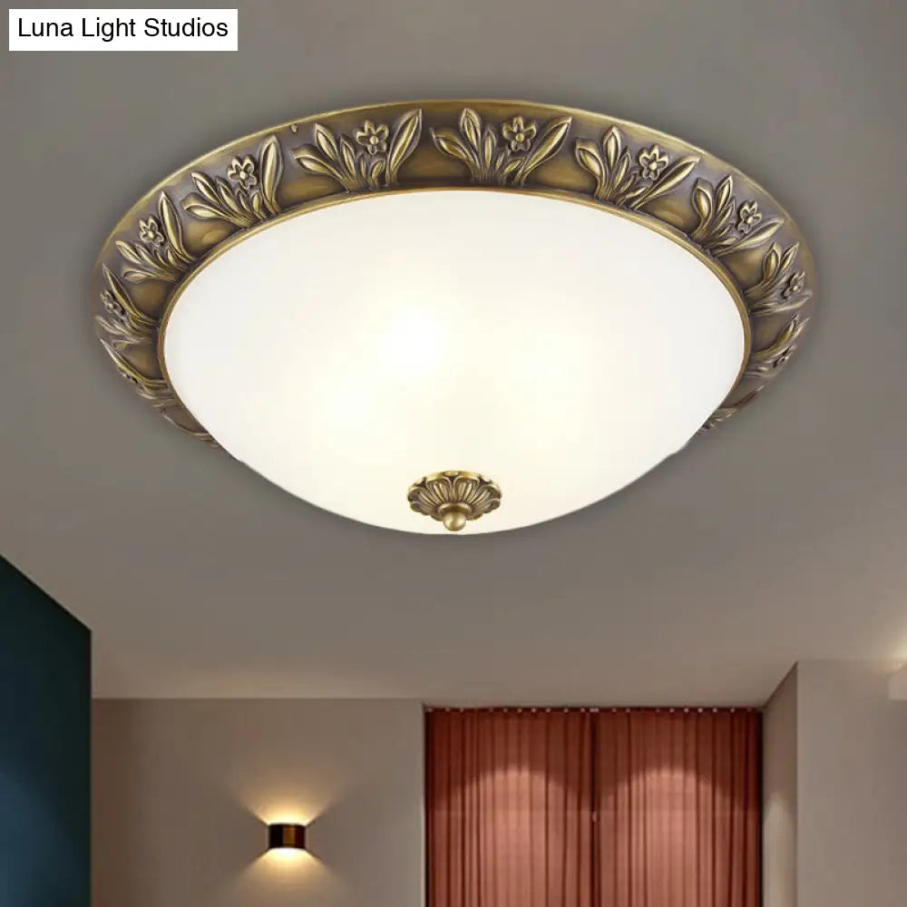 Frosted Glass Dome Flush Ceiling Lamp With Flower Edge Design In Brass/Black And Gold - Available