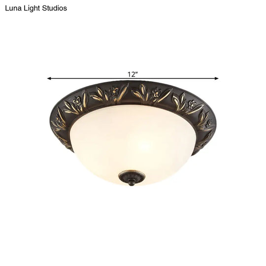 Frosted Glass Dome Flush Ceiling Lamp With Flower Edge Design In Brass/Black And Gold - Available