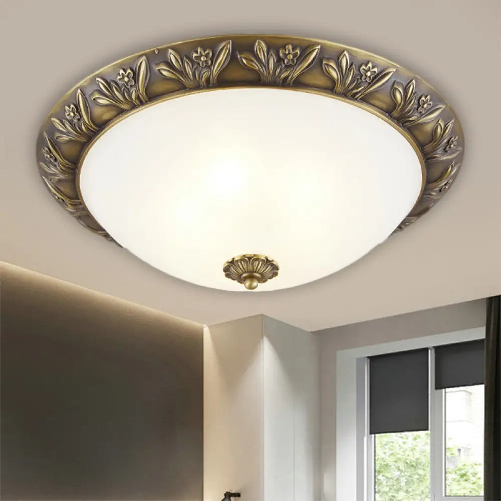 Frosted Glass Dome Flush Ceiling Lamp With Flower Edge Design In Brass/Black And Gold - Available