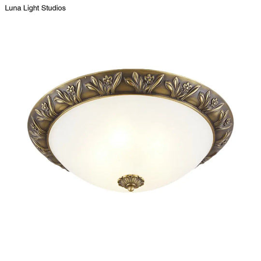 Frosted Glass Dome Flush Ceiling Lamp With Flower Edge Design In Brass/Black And Gold - Available