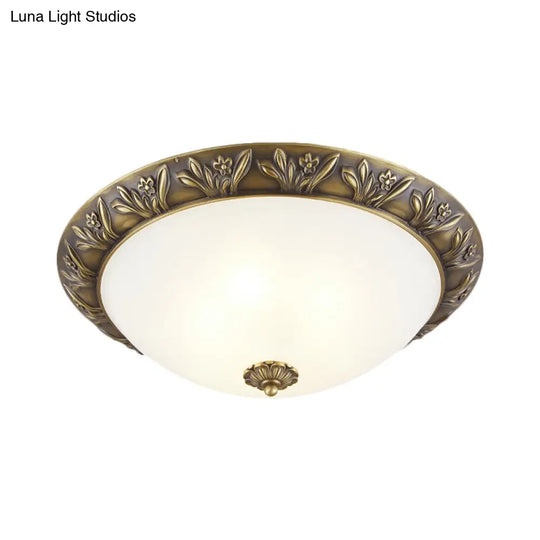 Frosted Glass Dome Flush Ceiling Lamp With Flower Edge Design In Brass/Black And Gold - Available