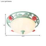 Frosted Glass Dome Flush Light - Led Bedroom Mount In Green With Rose Decor