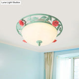 Frosted Glass Dome Flush Light - Led Bedroom Mount In Green With Rose Decor