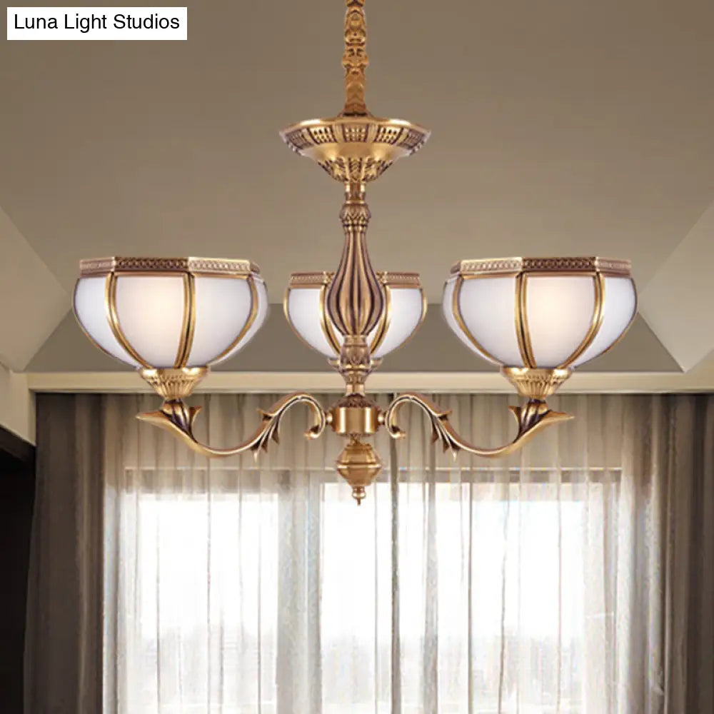 Frosted Glass Dome Hanging Chandelier - White Colonial Pendant Light 3/5/9 Bulbs For Living Room