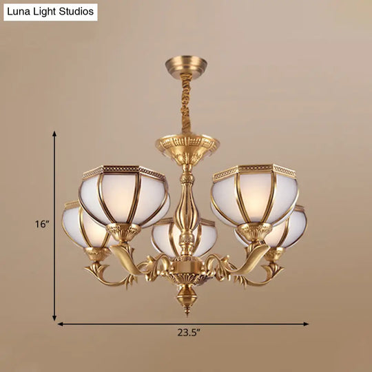 Frosted Glass Dome Hanging Chandelier - White Colonial Pendant Light 3/5/9 Bulbs For Living Room