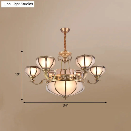 Frosted Glass Dome Hanging Chandelier - White Colonial Pendant Light 3/5/9 Bulbs For Living Room