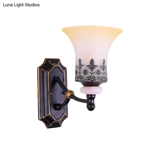 Frosted Glass Flared Up Wall Lamp - Classic 1-Light Black Sconce With Leaf Deco